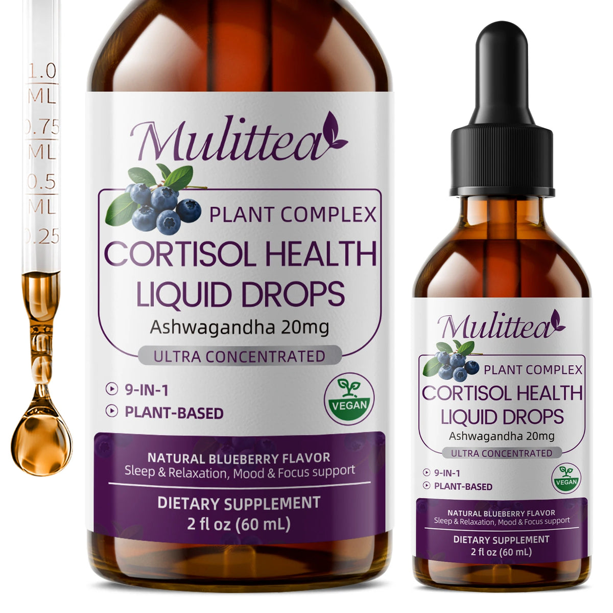 Mulittea Plant Complex Cortisol Health Liquid Drops set of two bottles by S And B Enterprise, vegan blueberry flavor