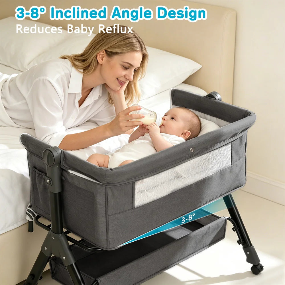 Portable gray 3-in-1 baby bassinet bedside sleeper by S And B Enterprise, foldable with 3-8° incline