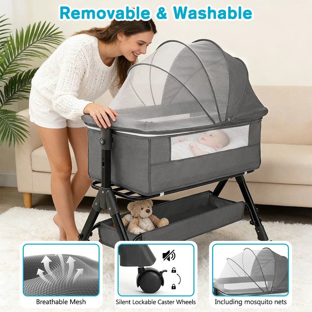 Portable baby bassinet 3-in-1 bedside sleeper by S And B Enterprise in grey with breathable mesh and mosquito nets