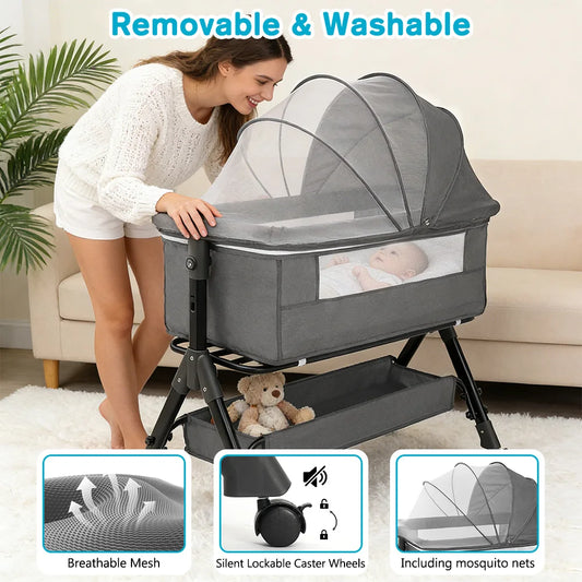 Portable baby bassinet 3-in-1 bedside sleeper by S And B Enterprise in grey with breathable mesh and mosquito nets