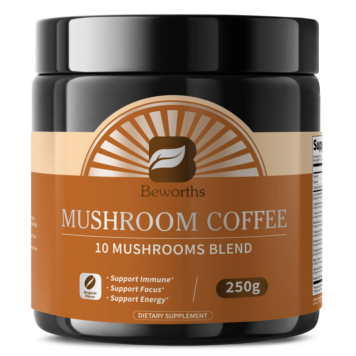 Organic Lion’s Mane Mushroom Coffee by Beworths, 250g, 10-mushroom blend dietary supplement