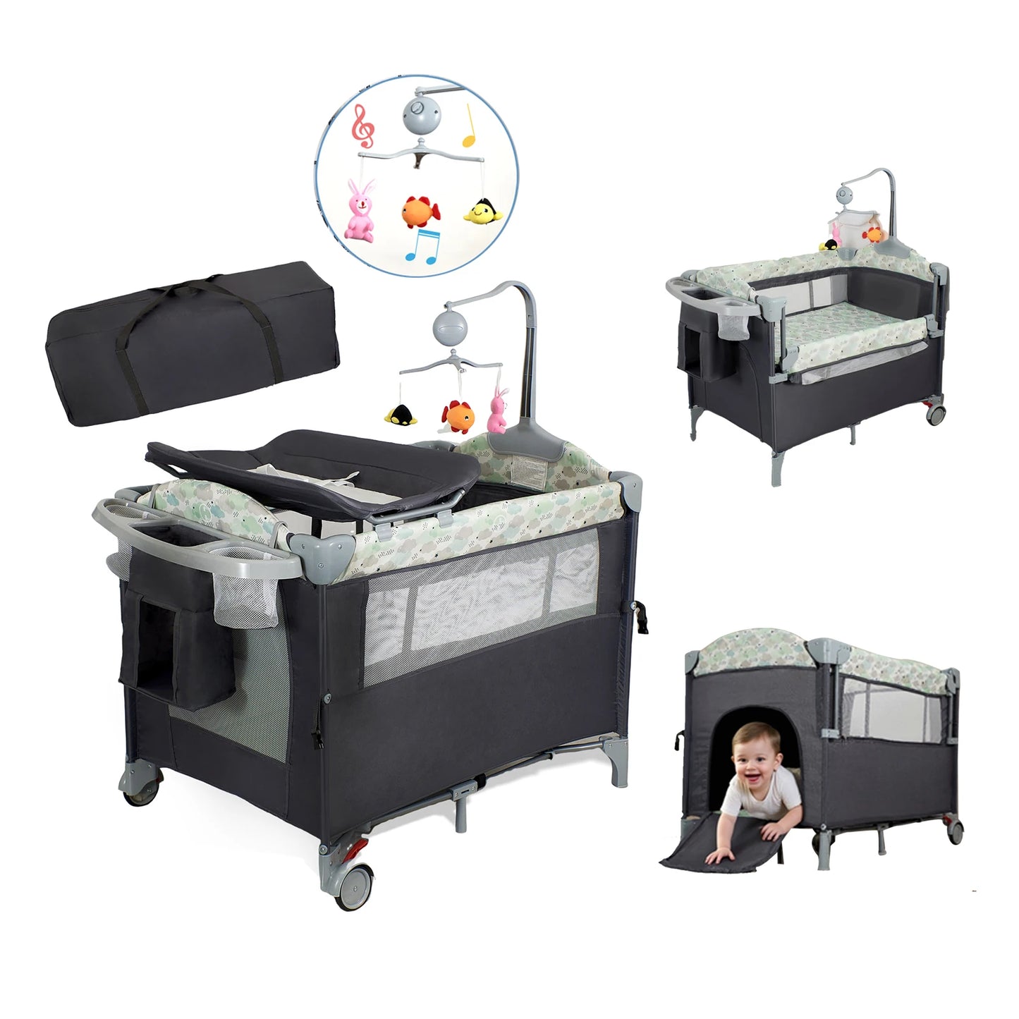 Pack n Play,Playard Bassinet with Changing Table Lockable Wheels Music Box Pack and Play Foldable Playard for Infant to Toddler by S And B Enterprise
