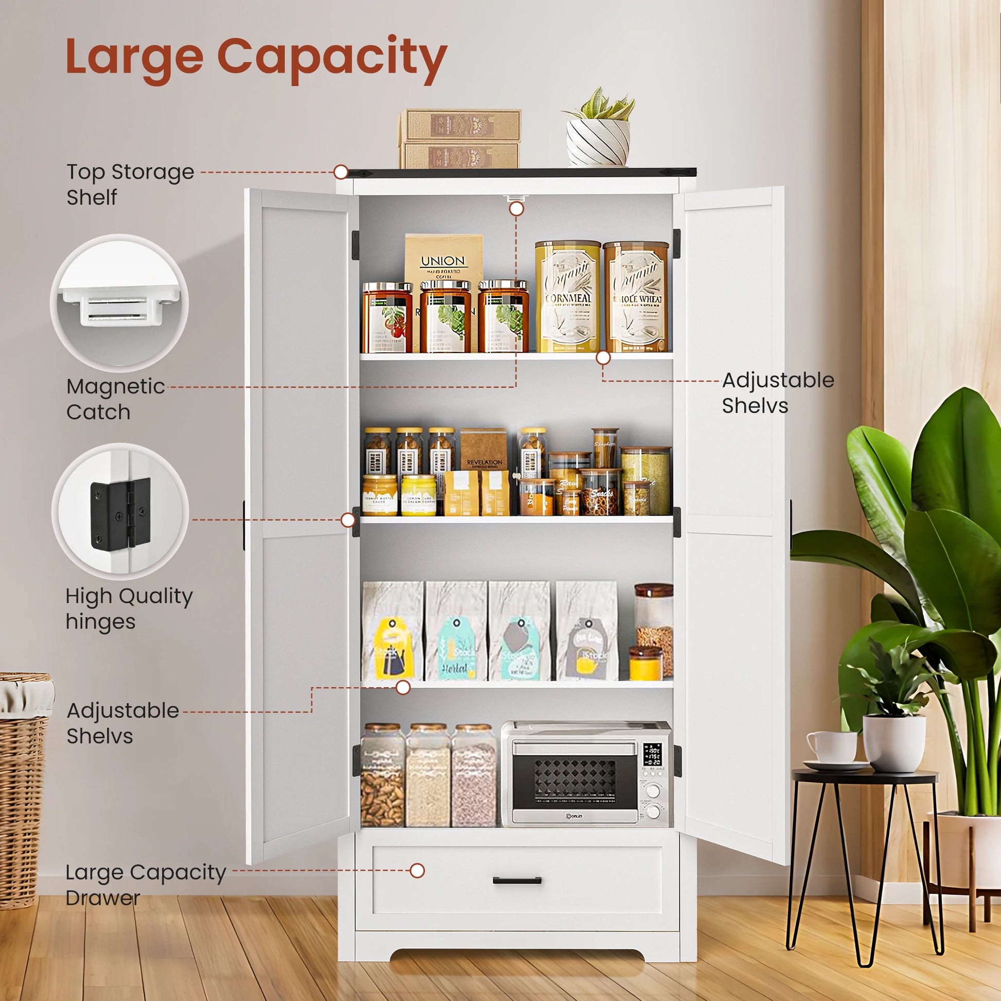 Farmhouse Kitchen Pantry Cabinet Wooden Storage With Drawers And Shelves by S And B Enterprise