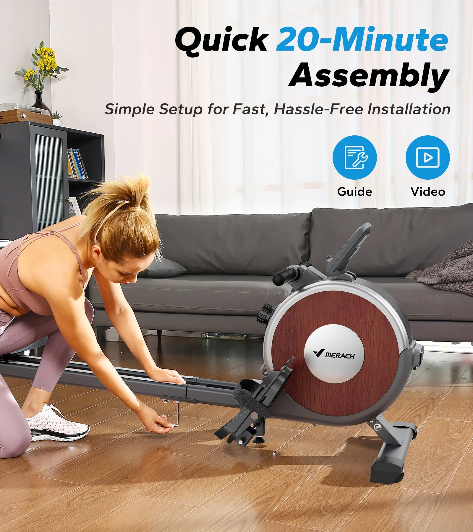 MERACH magnetic rowing machine for home with dual slide rails and 16-level quiet resistance.