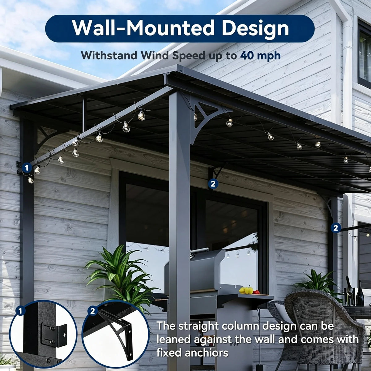 Nordivale 10'x14' wall-mounted pergola gazebo in dark gray galvanized steel with lean-to canopy