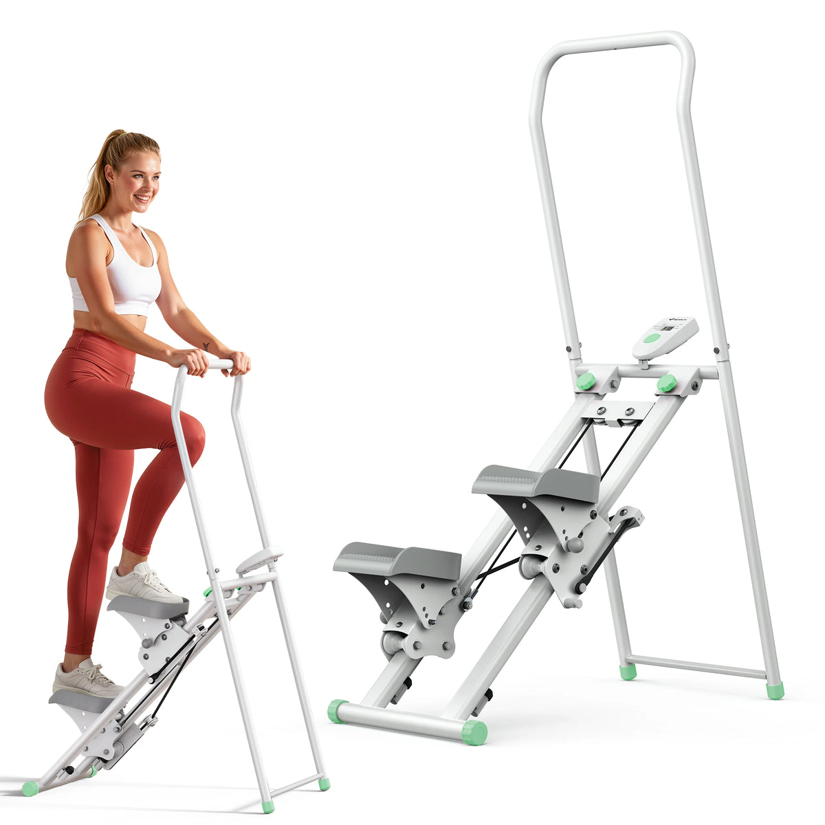 MERACH stair stepper by S And B Enterprise; white folding home gym climber with green pedal accents, user on device.
