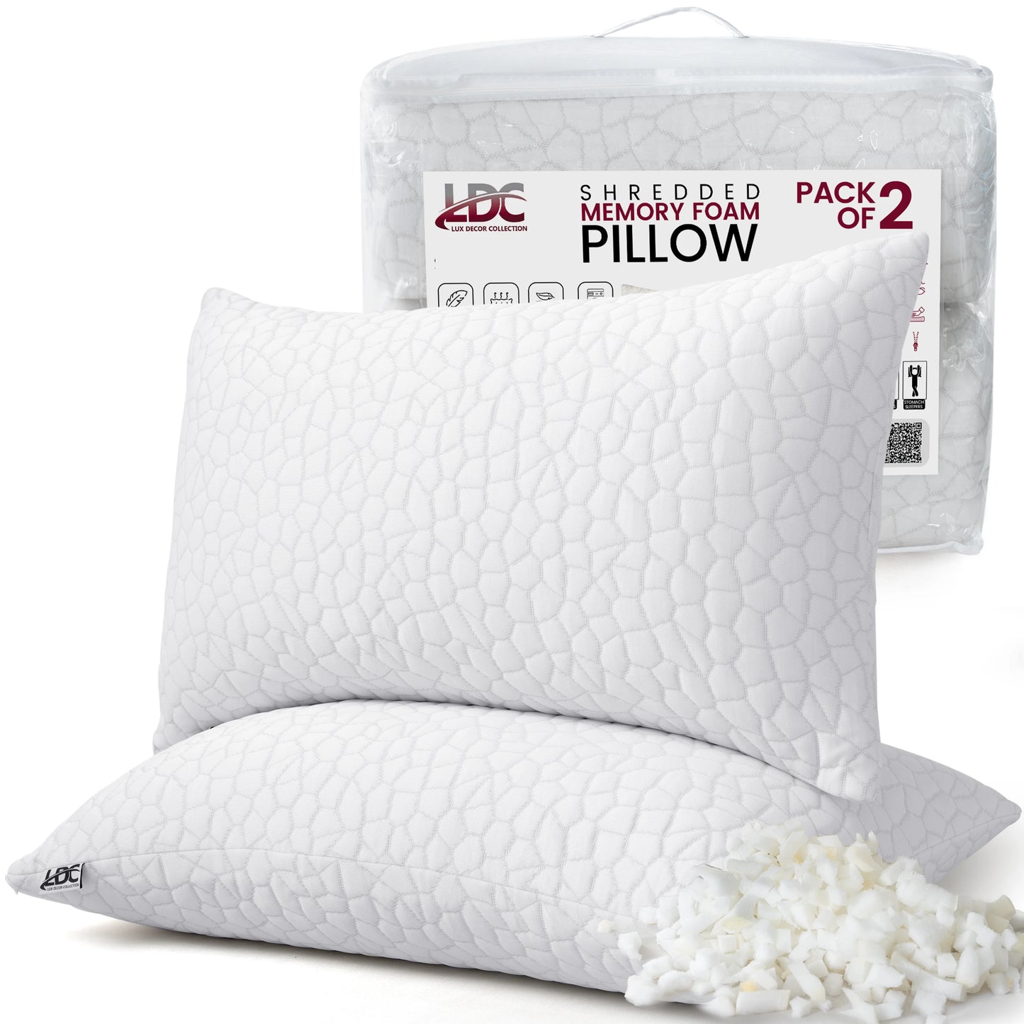 Lux Decor Shredded Memory Foam Pillows 2 Pack With Adjustable Loft