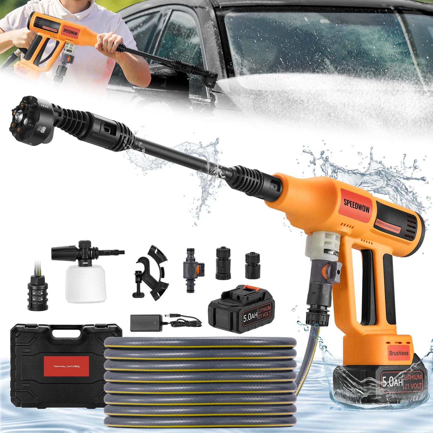 Portable cordless pressure washer 1060 PSI with brushless motor, orange/black, includes 6-in-1 nozzle and battery kit