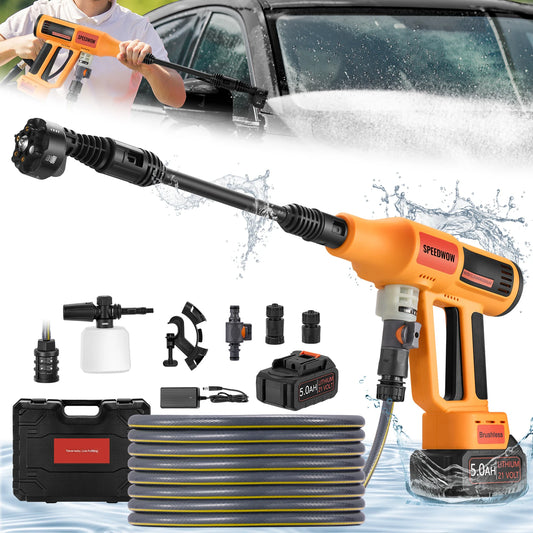 Portable cordless pressure washer 1060 PSI with brushless motor, orange/black, includes 6-in-1 nozzle and battery kit