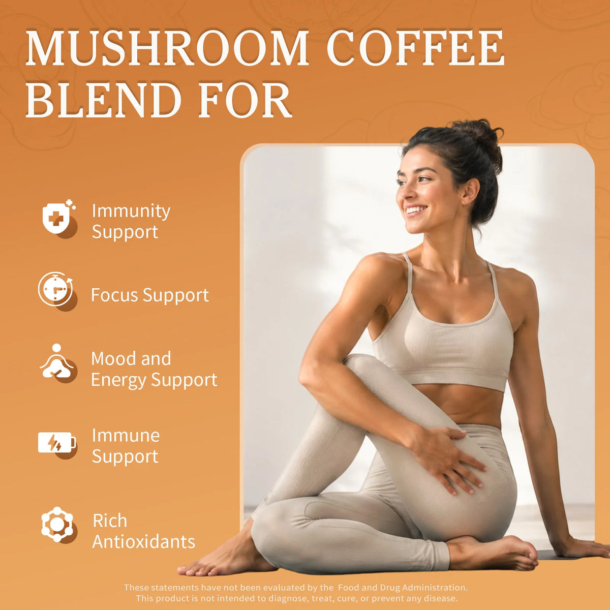 Organic Lion’s Mane Mushroom Coffee Blend for energy and focus with Reishi and Cordyceps, shown on an orange marketing poster