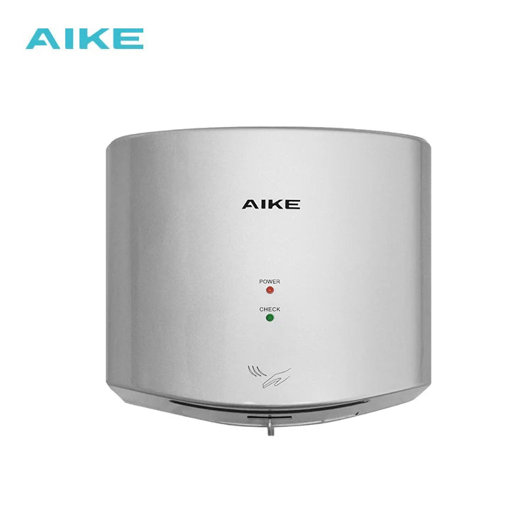 AIKE automatic sensor hand dryer, 1400W high-speed silver wall-mounted unit with indicator lights