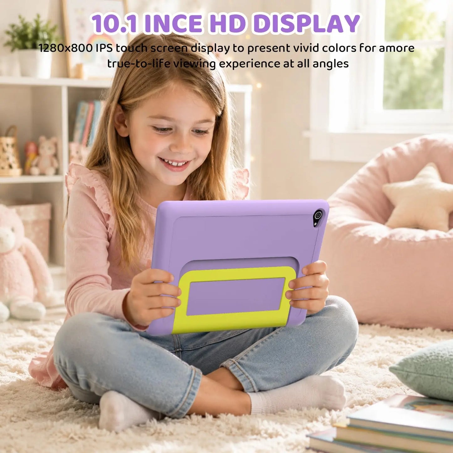 BUFO Kids Tablet 10.1 Inch Five Core Processor 24GB(3+21) RAM 64GB ROM Android 16 IPS HD Display 6000mAh Battery Parental Control Dual Camera TF 1TB Expand WiFi Children Learning Gaming Tablet Only Tablet