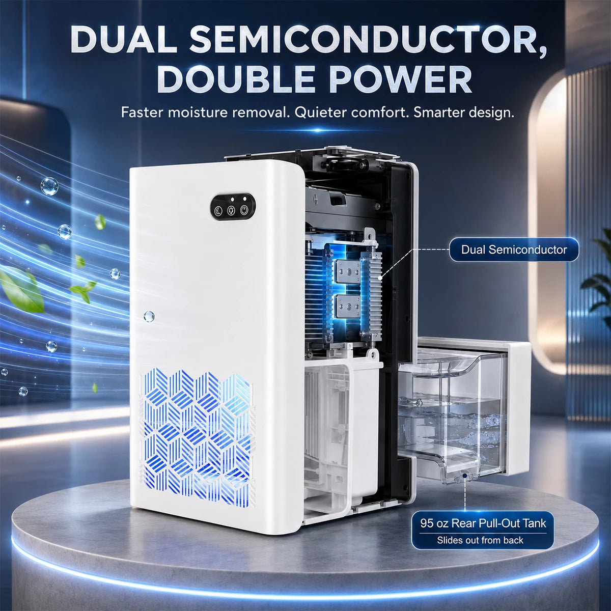 Quiet portable dehumidifier by S And B Enterprise, white unit with dual semiconductor cooling and 95 oz rear tank