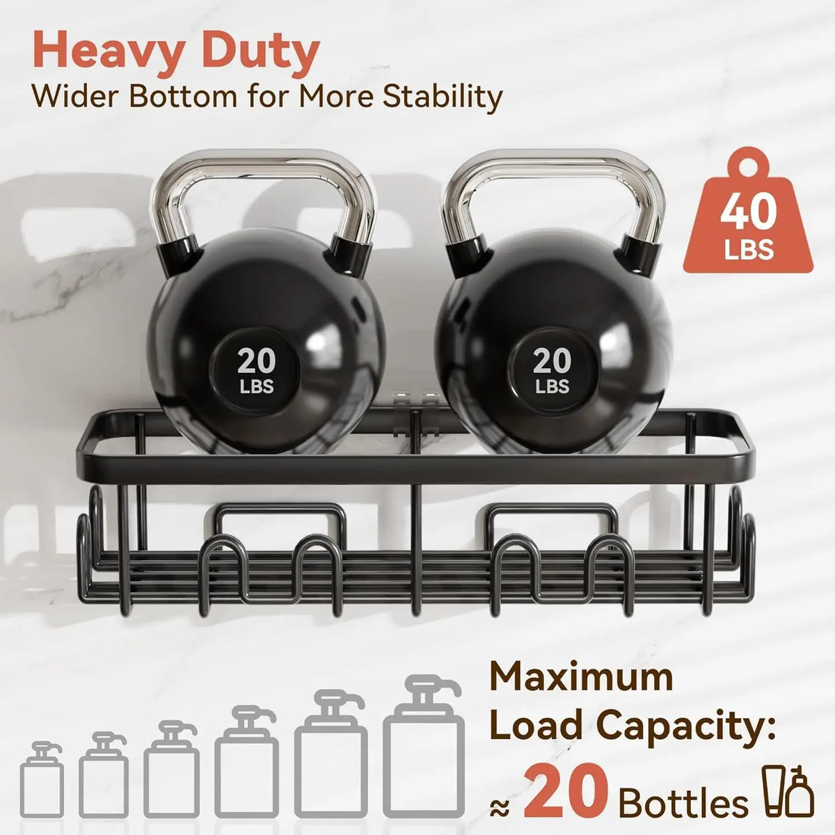 Shower caddy no drill, 304 stainless steel by S And B Enterprise; adhesive wall mount bathroom organizer, two kettlebells.