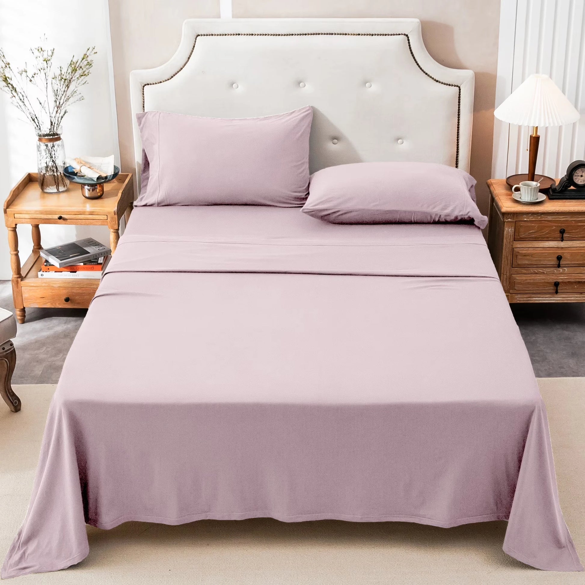 4-Piece 100% Cotton Jersey Knit Sheet Set – Ultra Soft & Breathable Bedding Set with Deep Pocket Fitted Sheet, Flat Sheet & 2 Pillowcases（Without Core） – Wrinkle Free, Machine Washable, Secure Fit & Cozy Comfort for A by S And B Enterprise