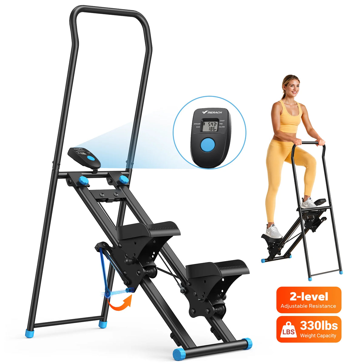 MERACH stair stepper for home gym, foldable with adjustable handlebars and pedals, 2-level resistance, 330 lb capacity