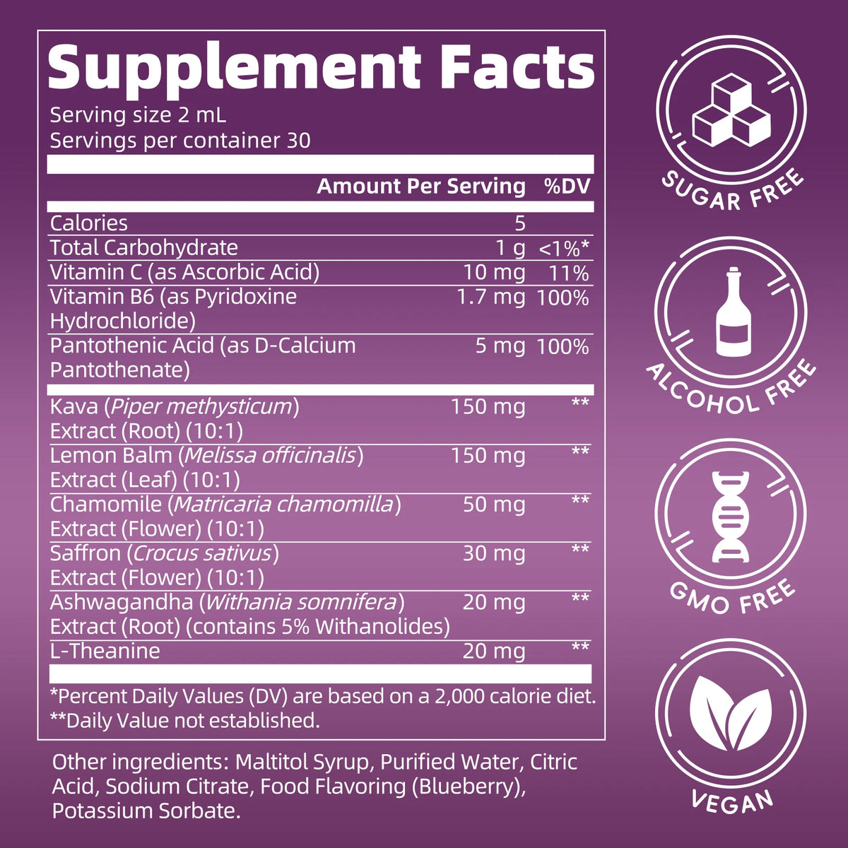 Mulittea Plant Complex Cortisol Health Drops label with supplement facts; sugar-free and vegan icons
