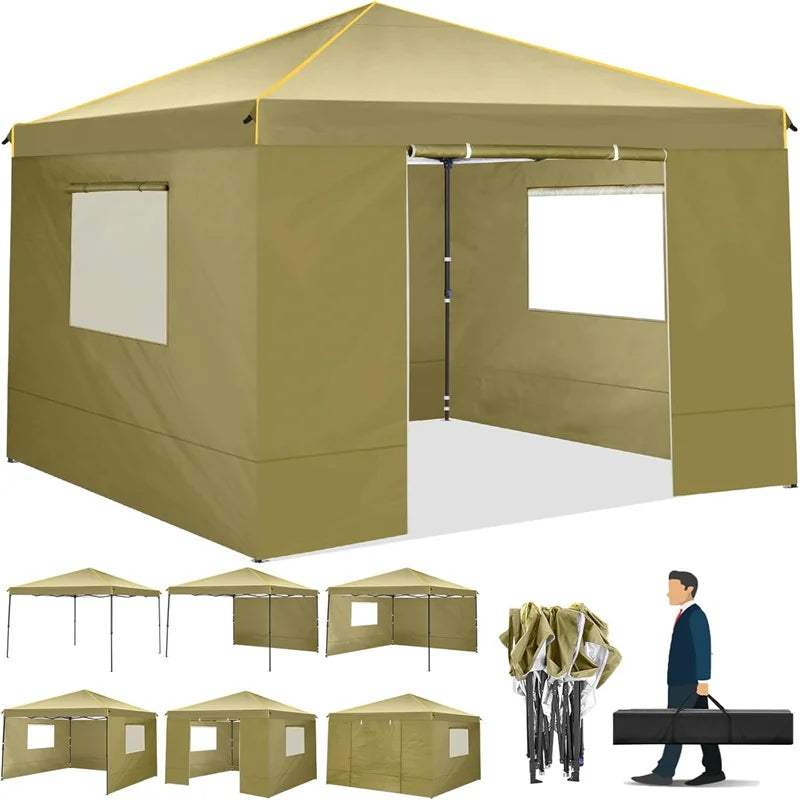 Khaki 10x10 ft pop-up canopy tent with sidewalls and roll-up ventilated windows, mosquito net