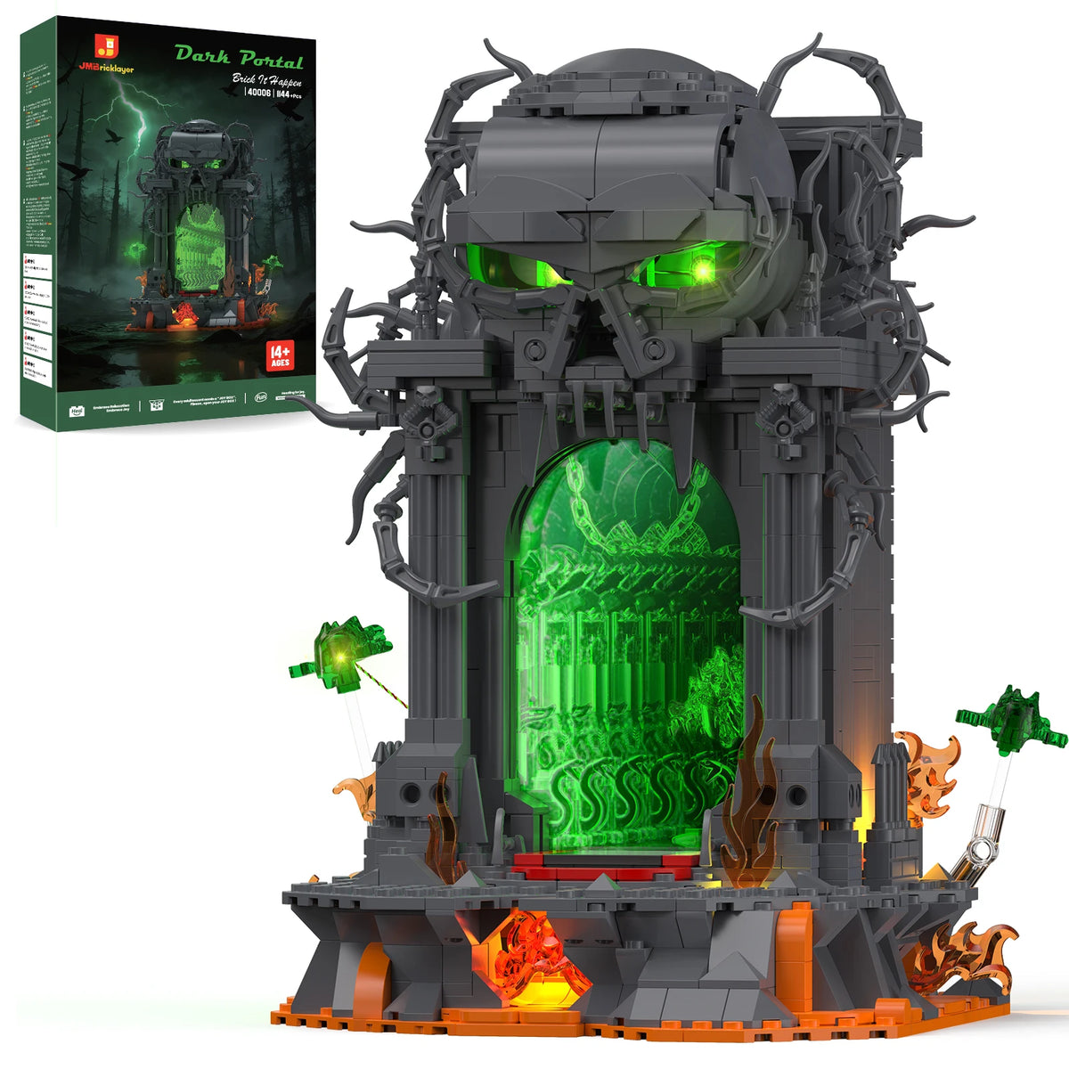 JMBricklayer Dark Portal LED light-up building blocks gate with 1144 pieces and green glow