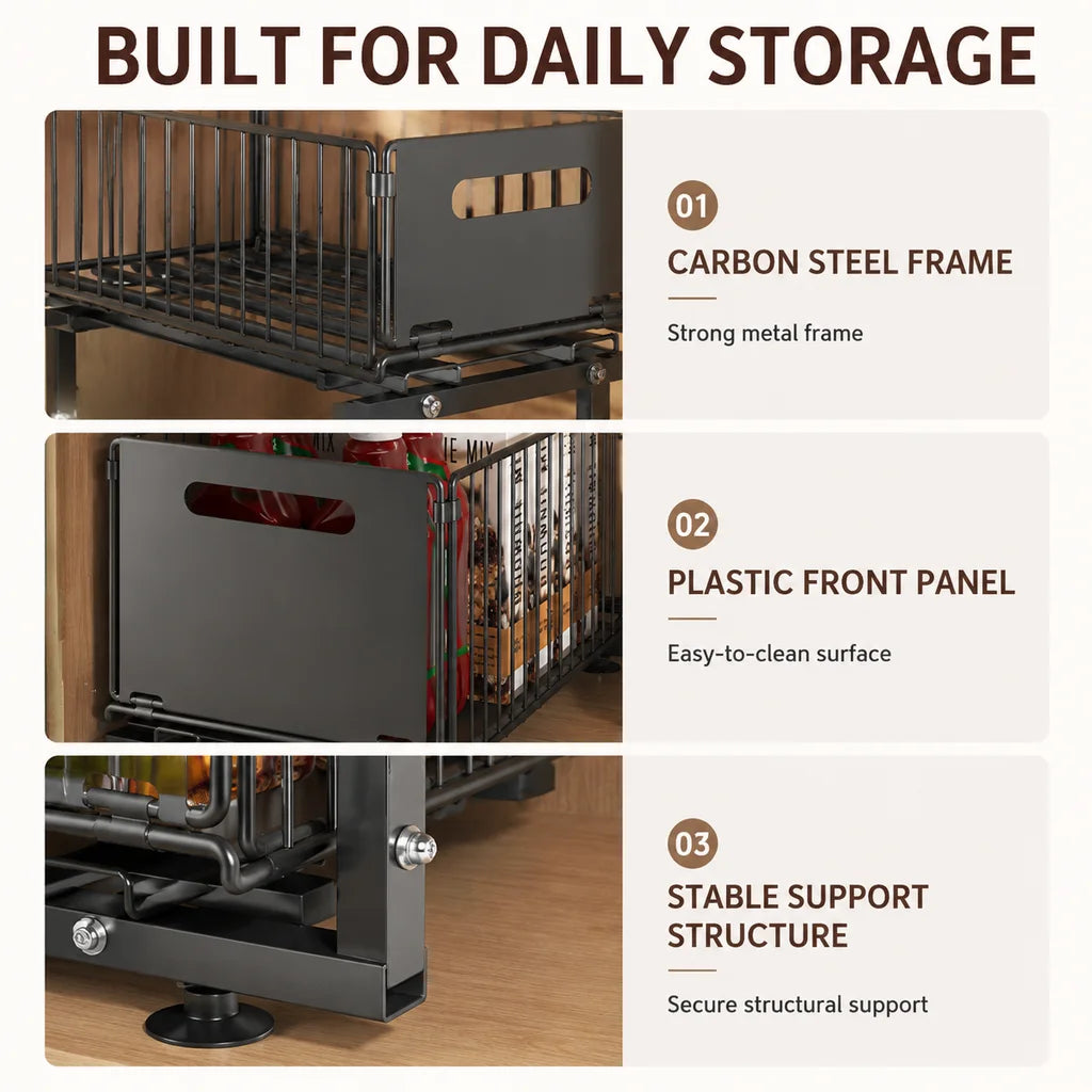 Under-sink 2-tier pull-out cabinet organizer in black carbon steel by S And B Enterprise