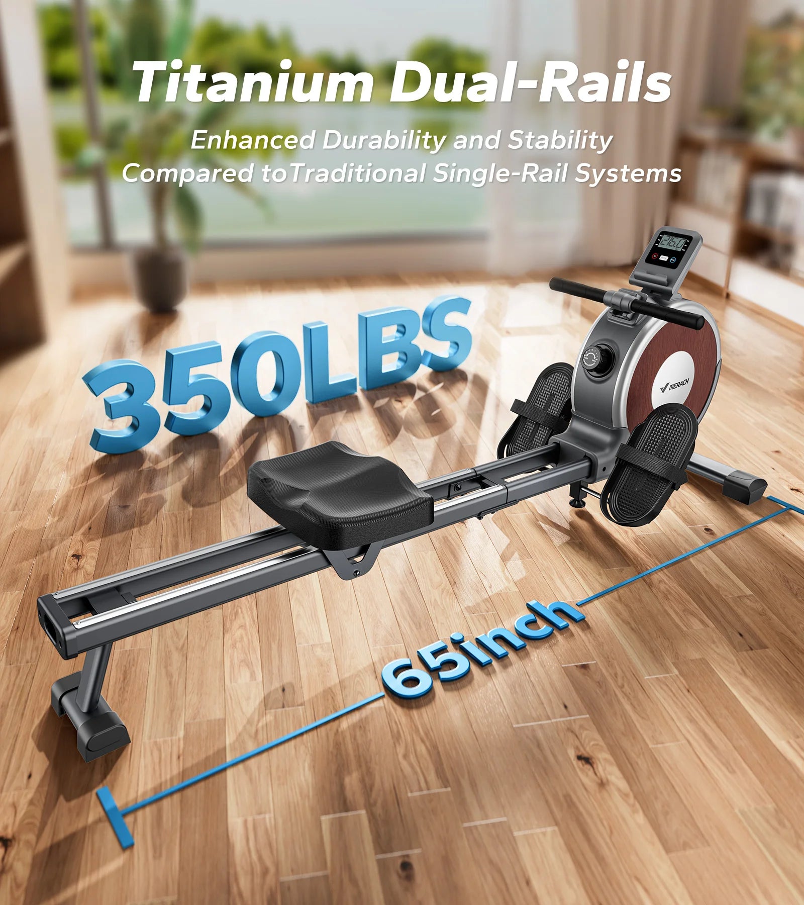 MERACH rowing machine for home use with dual-rail design, 16 resistance levels, 350 lb capacity
