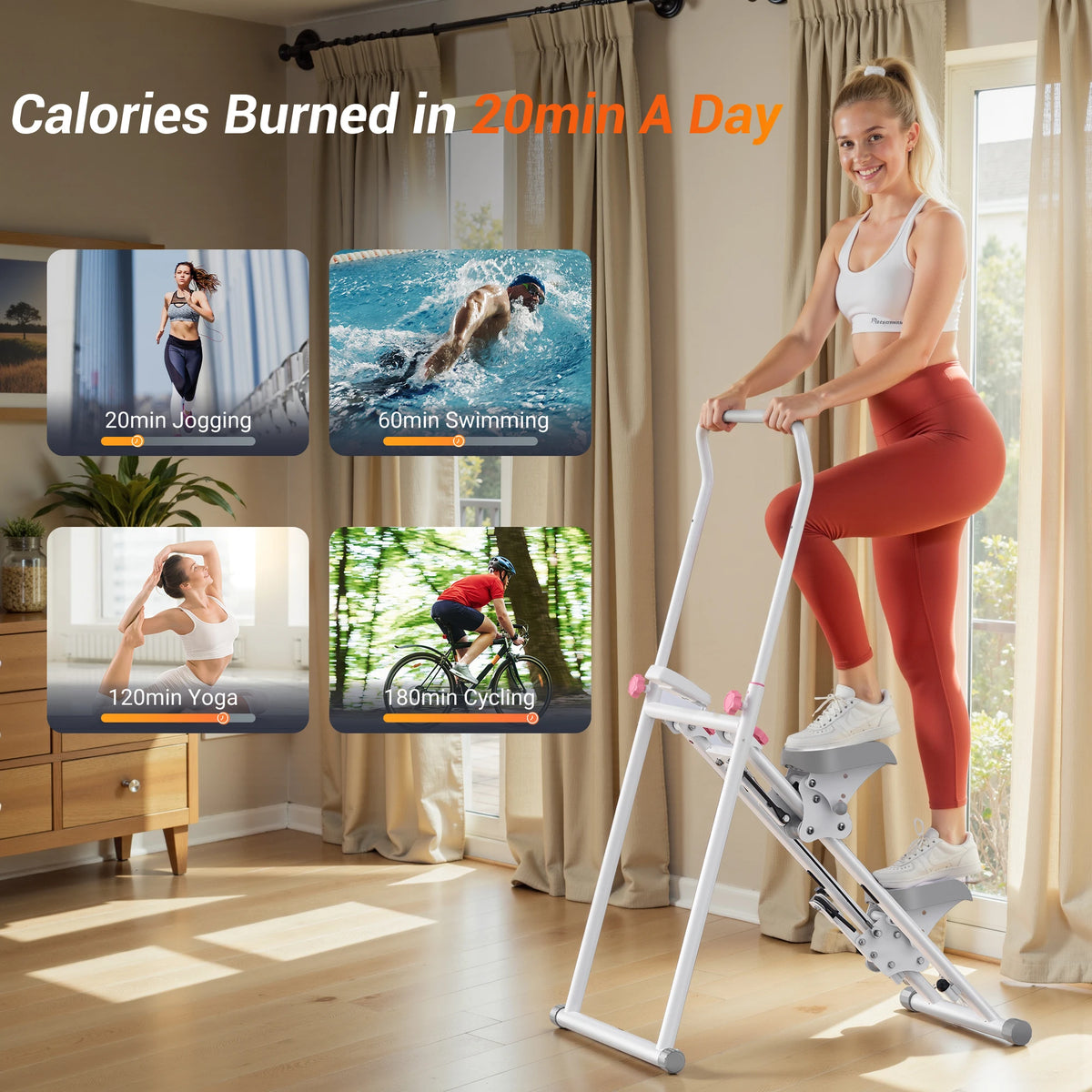 MERACH stair stepper home gym climber by S And B Enterprise, white folding machine with adjustable handlebars, being used indoors.