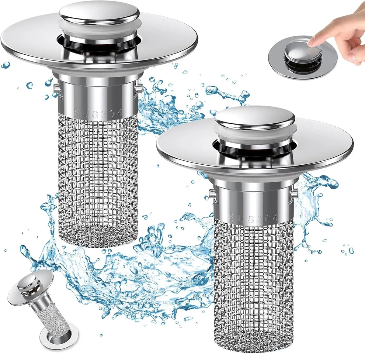 Bathroom sink drain strainer pair, pop-up filter by S And B Enterprise, stainless steel with removable hair catcher
