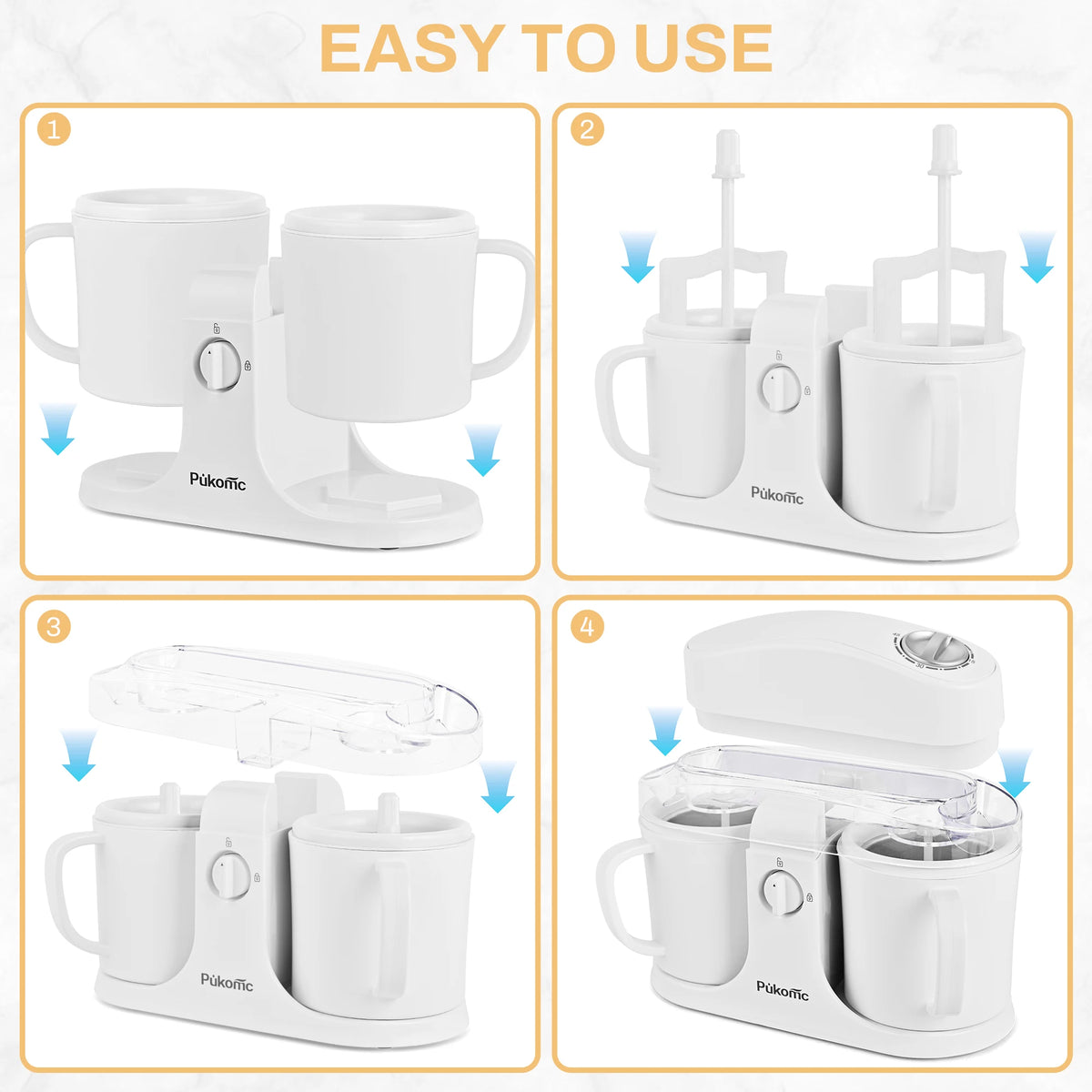 Sumetas dual-cup ice cream and popsicle maker, white plastic with Pukomc branding, step-by-step usage panels