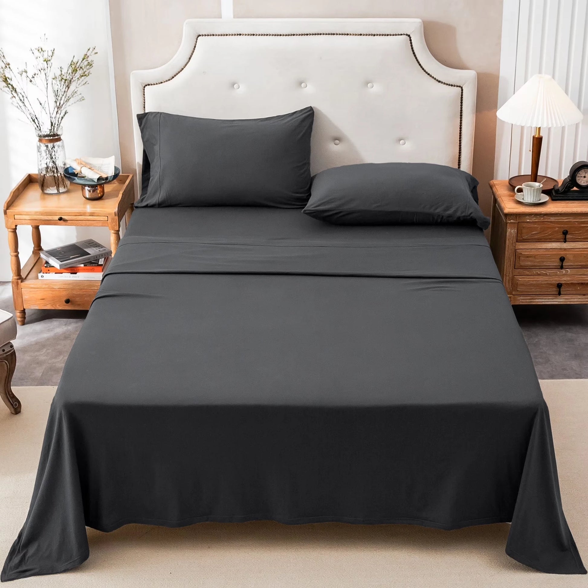 4-Piece 100% Cotton Jersey Knit Sheet Set – Ultra Soft & Breathable Bedding Set with Deep Pocket Fitted Sheet, Flat Sheet & 2 Pillowcases（Without Core） – Wrinkle Free, Machine Washable, Secure Fit & Cozy Comfort for A by S And B Enterprise