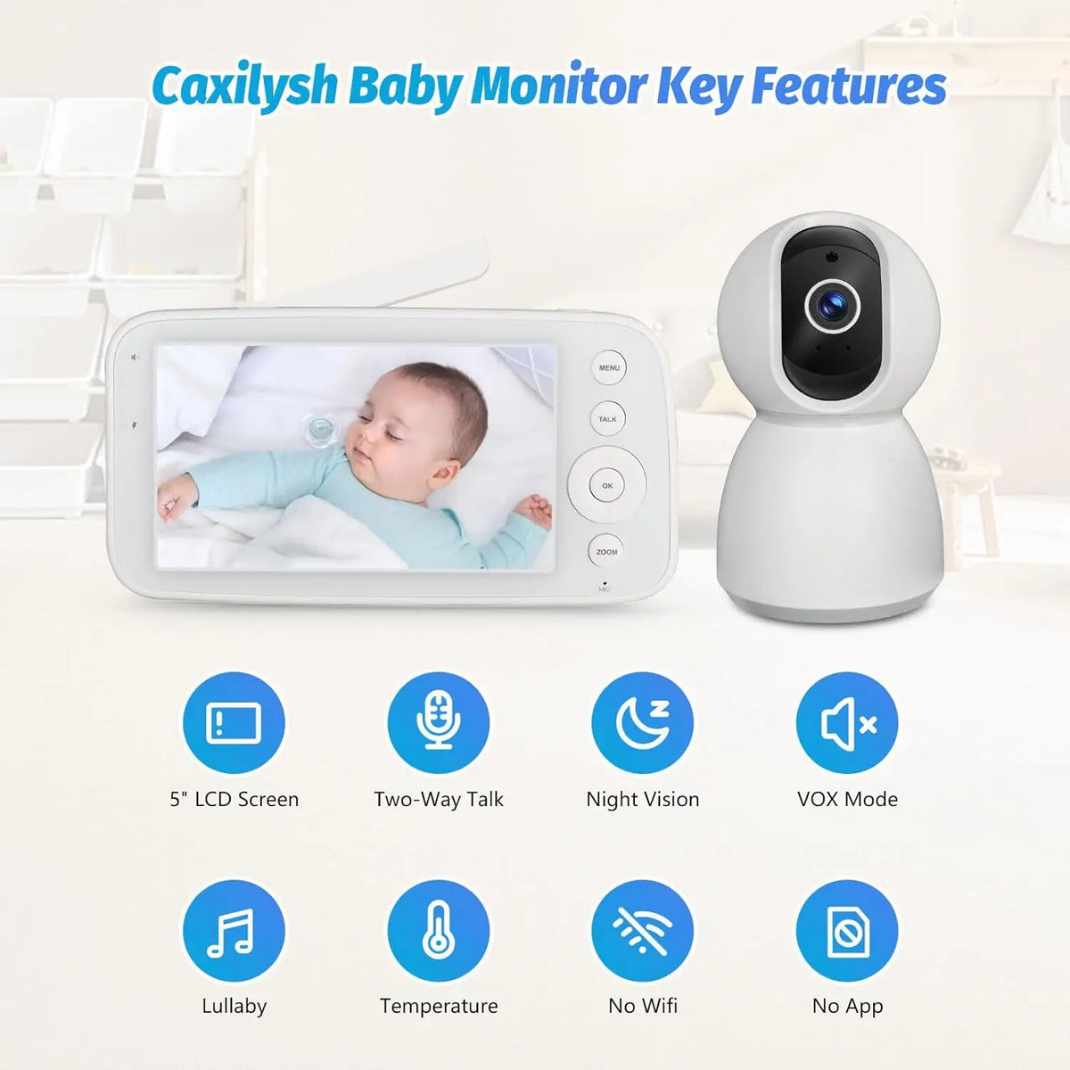 BM505 Baby Monitor Camera with Audio 5-Inch Screen 28 Hours Battery Life Night Vision 2-Way Talk Lullabies Nanny Security Cam