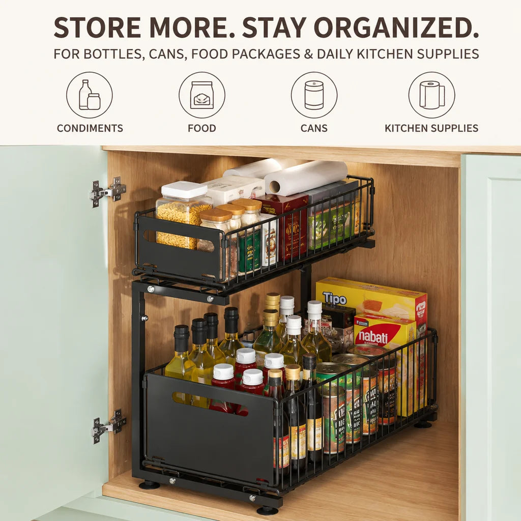 Under-sink 2-tier pull-out cabinet organizer by S And B Enterprise, black carbon steel with L-shaped foldable shelves