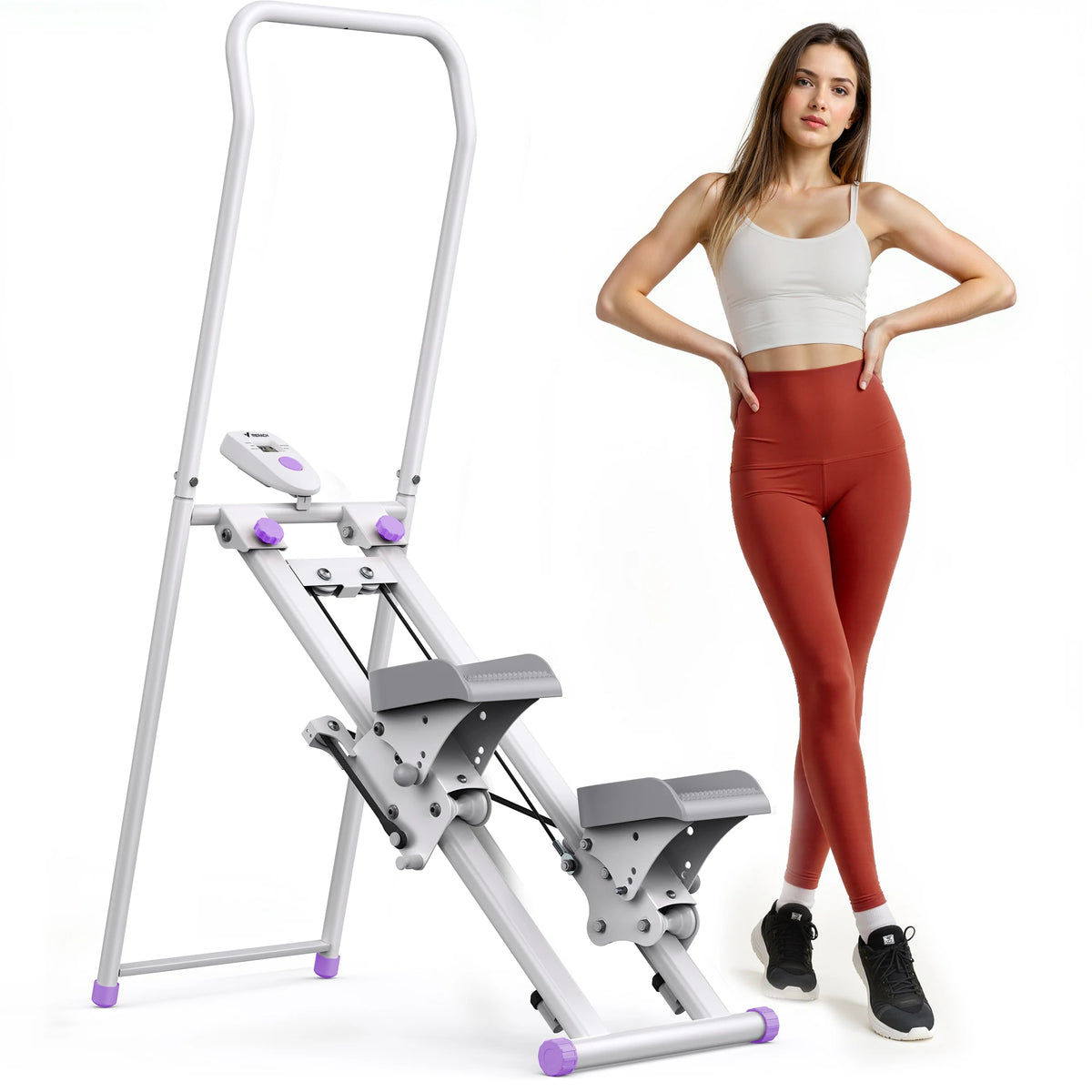 MERACH stair stepper for home gym; compact folding design with purple accents and adjustable handlebars.