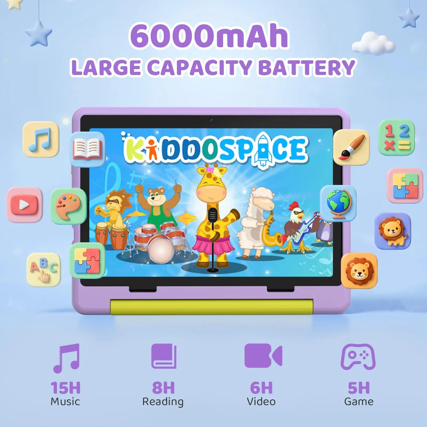 BUFO Kids Tablet 10.1 Inch Five Core Processor 24GB(3+21) RAM 64GB ROM Android 16 IPS HD Display 6000mAh Battery Parental Control Dual Camera TF 1TB Expand WiFi Children Learning Gaming Tablet Only Tablet