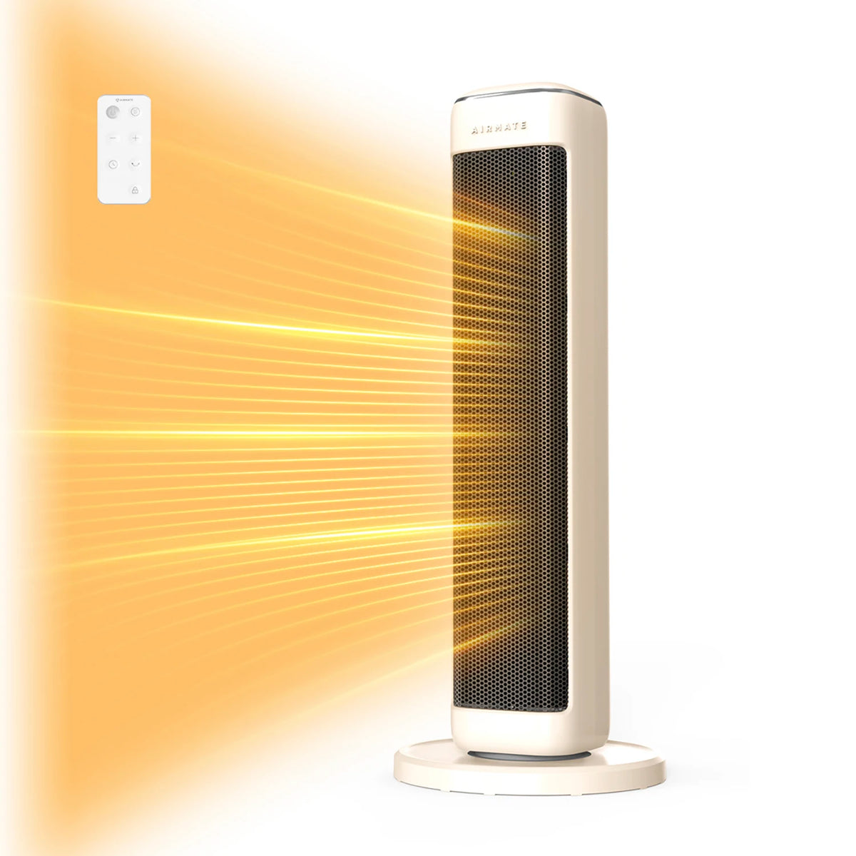 AIRMATE 25-inch ceramic tower space heater with thermostat; beige finish and remote.