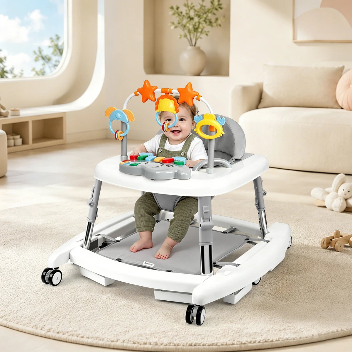 5-in-1 baby walker by S And B Enterprise, white/gray infant activity center with colorful toy arch