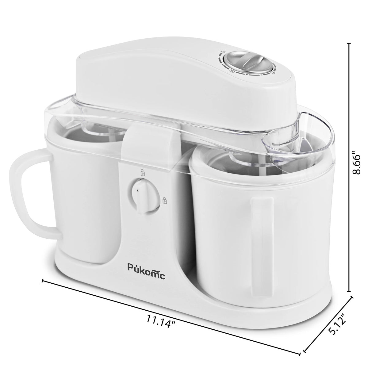 Sumetas white ice cream and popsicle maker with dual cups and top dial timer for DIY flavors and mix-ins, Pukonic brand