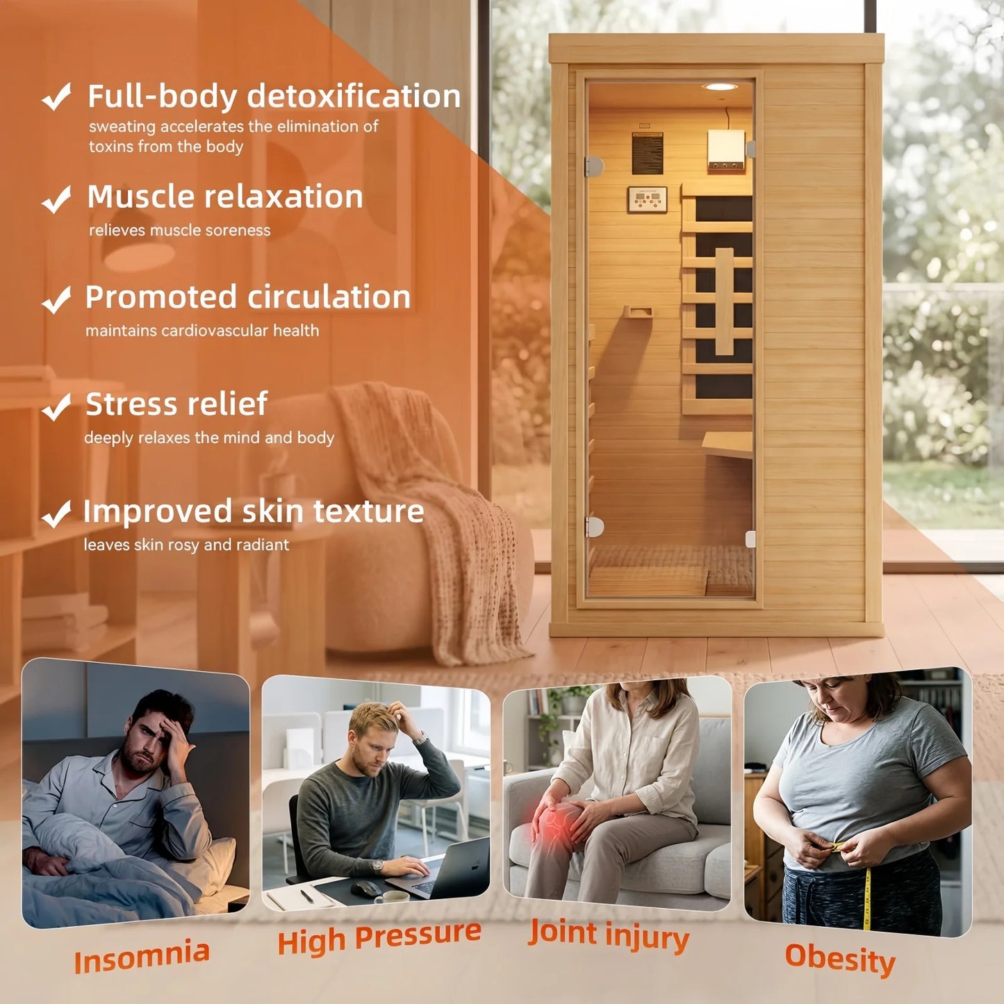 Nordivale 1 Person Wood Infrared Sauna, Canadian Hemlock Traditional Dry Spa Room with Bluetooth & Control Panel, Low EMF Indoor Sauna Cabin (32.67"x27.55"x59.44") by S And B Enterprise