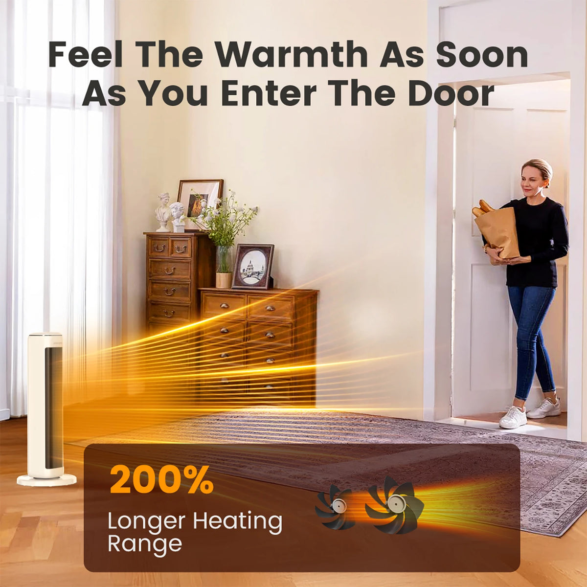AIRMATE 25in ceramic tower space heater with thermostat, cream color for indoor use in large rooms