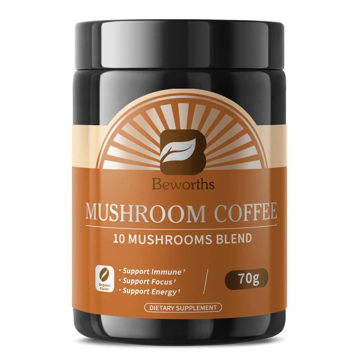Beworths mushroom coffee bottle with 10-mushroom blend, 70 g dietary supplement