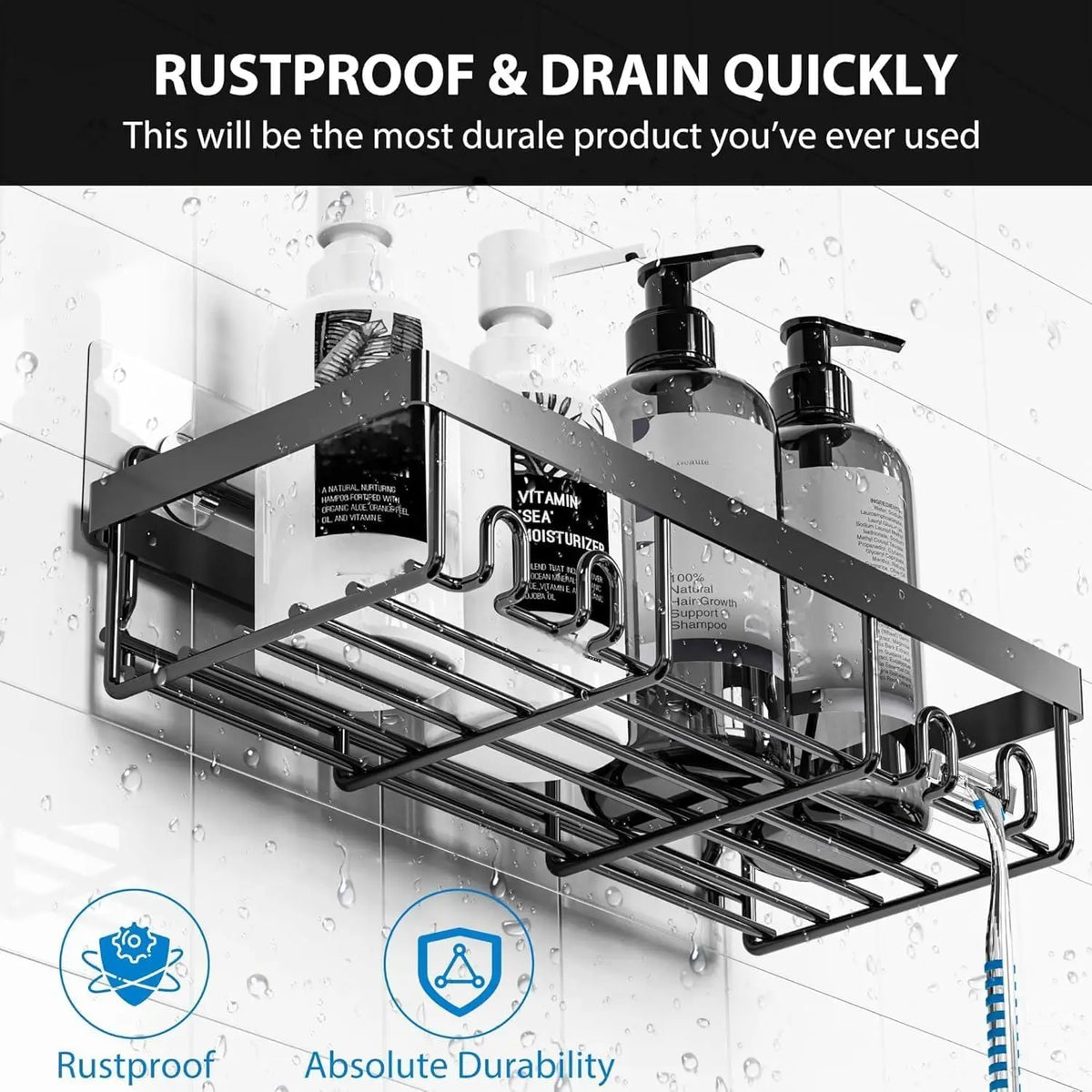 No Drill 304 Stainless Steel Shower Caddy with adhesive wall mount, rustproof bathroom organizer with hooks