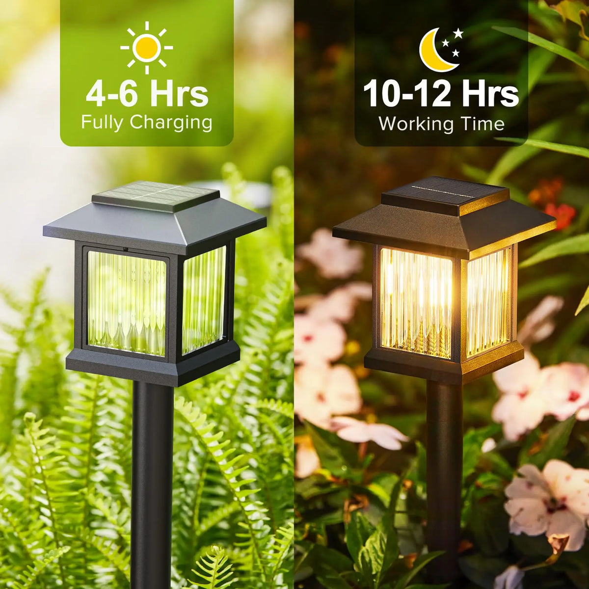 Solar pathway light pair for outdoor garden; gray and bronze lanterns on posts, one lit with warm glow