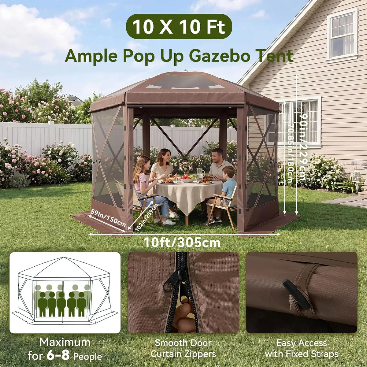 Brown 10x10 ft pop-up gazebo tent with mesh windows for outdoor dining and camping.