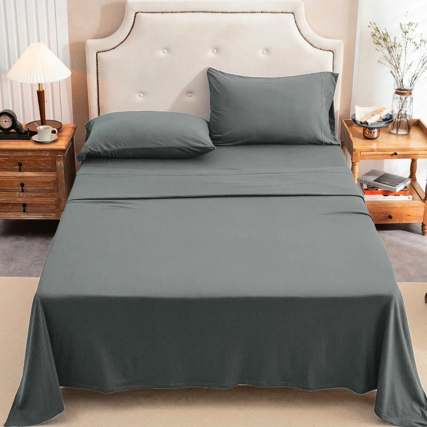 4-Piece 100% Cotton Jersey Knit Sheet Set – Ultra Soft & Breathable Bedding Set with Deep Pocket Fitted Sheet, Flat Sheet & 2 Pillowcases（Without Core） – Wrinkle Free, Machine Washable, Secure Fit & Cozy Comfort for A by S And B Enterprise