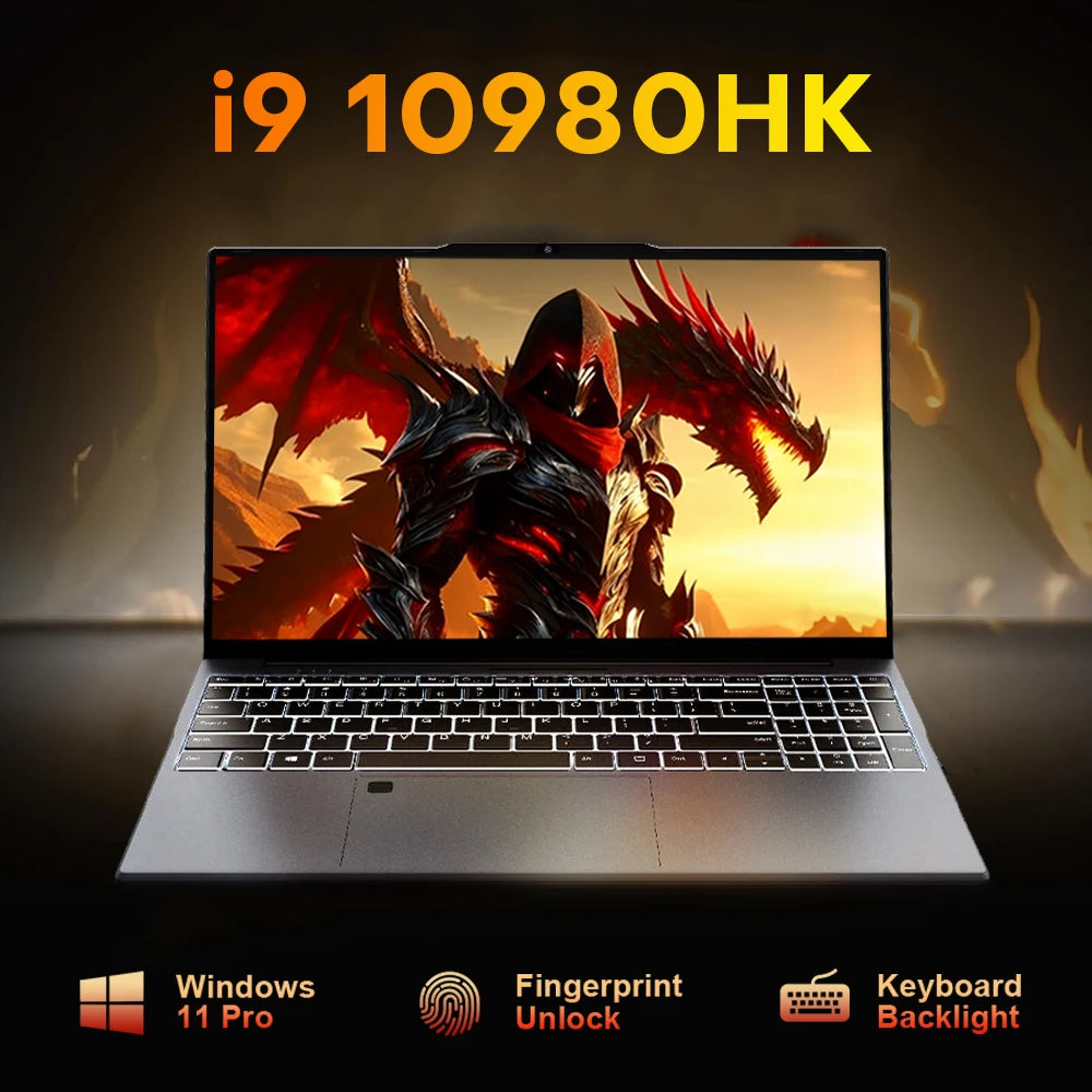 New ultra-slim 15.6-inch laptop with i9 10980HK label, Windows 11 Pro, fingerprint unlock, backlit keyboard