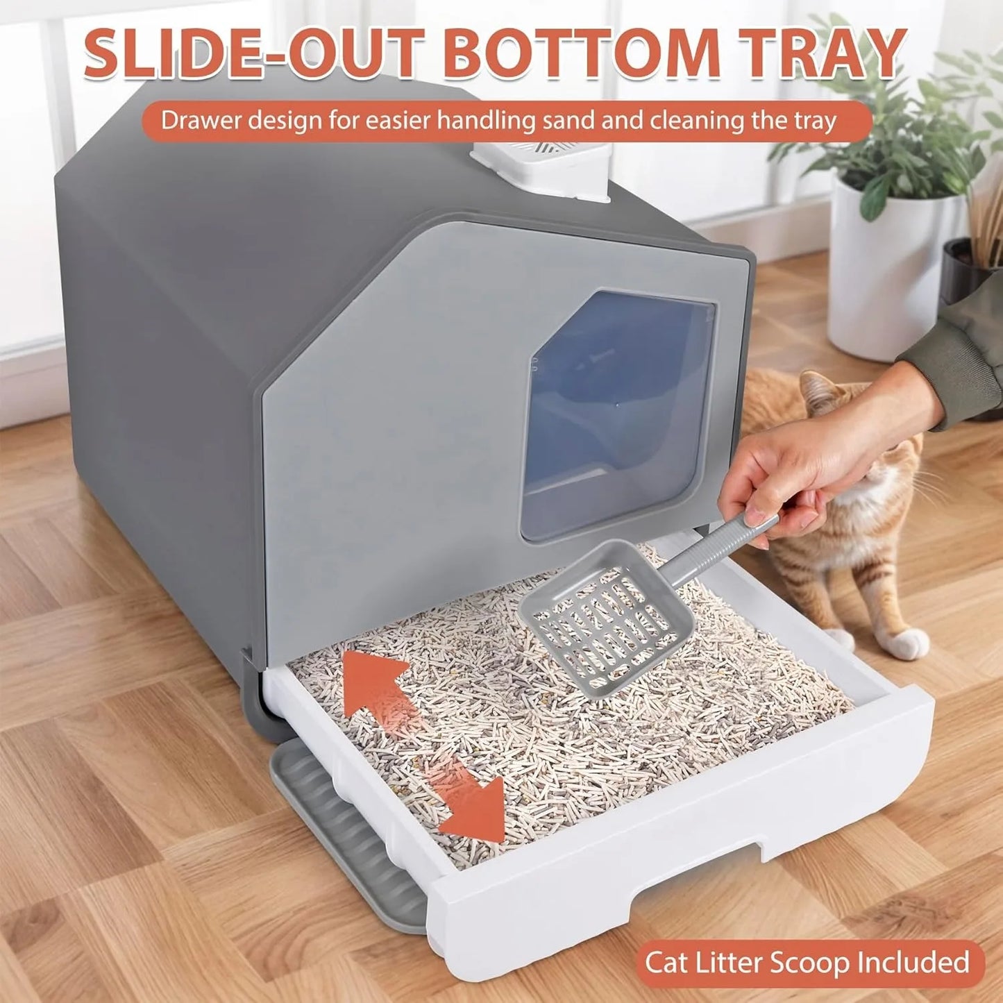 Enclosed Cat Litter Box With Hooded Top And Litter Scoop