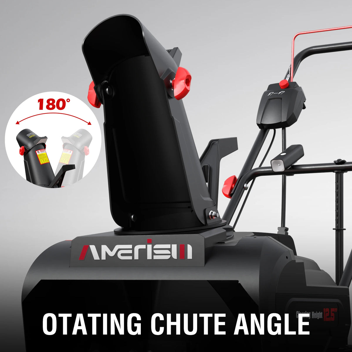 PowerSmart 15A electric snow thrower, 21-inch blower with 180° chute, gray with red knobs; Amerisun logo visible