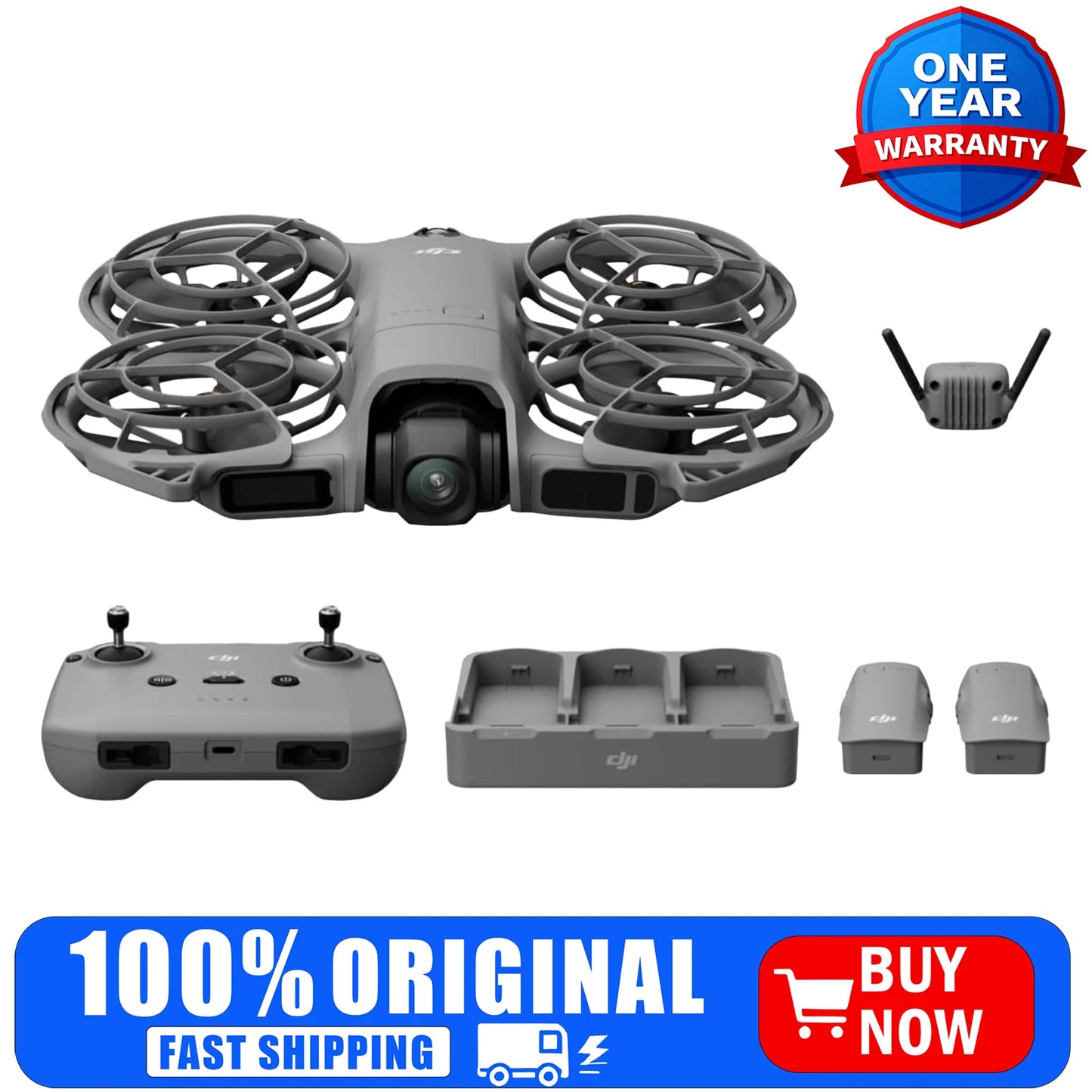 DJI Neo 2 drone Fly More Kit with RC-N3 controller, prop guards, charging hub, 3 batteries, gray color