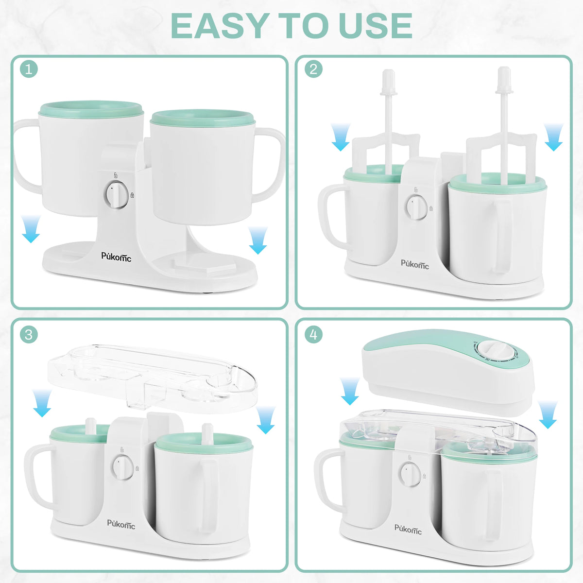 Sumetas ice cream maker and popsicle maker with dual cups, white body, teal lid, Pukomc brand.