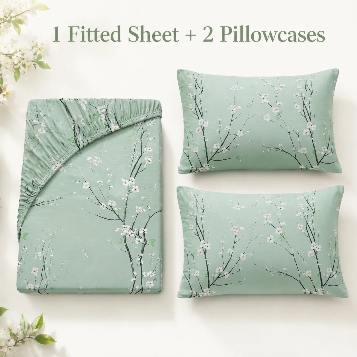 Floral Printed Fitted Sheet Set With 2 Pillowcases Deep Pocket by S And B Enterprise