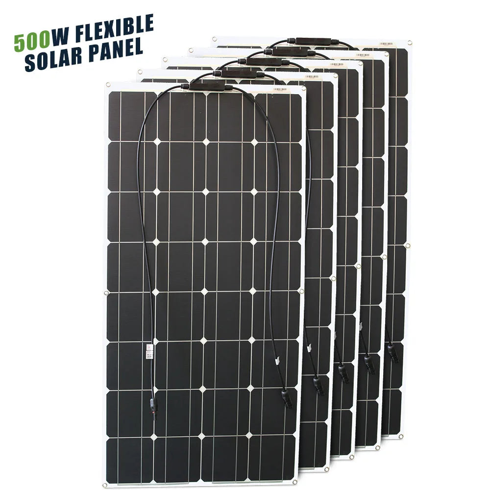 ASUNERGE 12V flexible solar panels set: five black monocrystalline bendable waterproof panels with attached cables